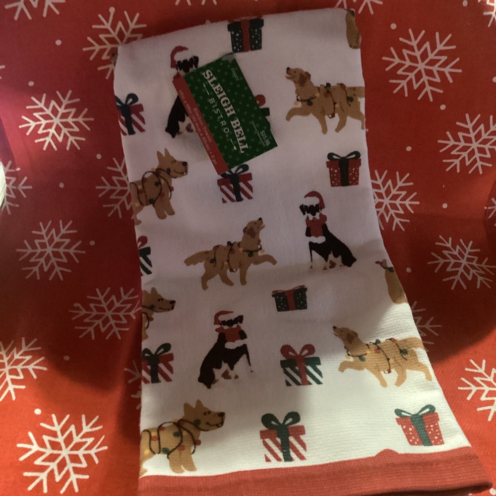 Sleigh Bell Bistro Kitchen Towels - set of 2 - featuring Christmas Dogs!